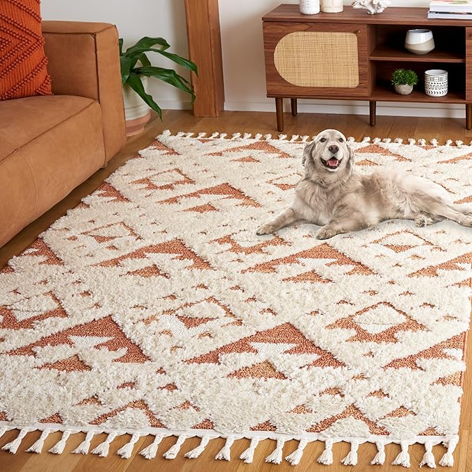Safavieh Moroccan Tassel Shag Collection Area Rug - 3' x 5', Ivory & Brick Rust, Plush 2-inch Thick, Ideal for High Traffic Areas in Living Room, Bedroom, Dining Room (MTS688P-3)
