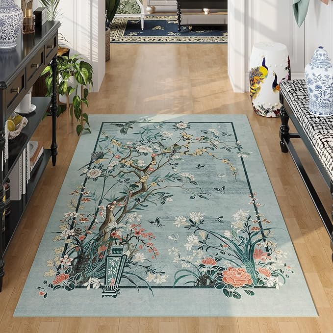 3x5 Washable Rug Chinoiserie-Style Floral Vintage Area Rug Non Slip Low Pile Small Carpet for Bedroom, Bedside, Kitchen, Entryway, Kids Room, Office, Blue