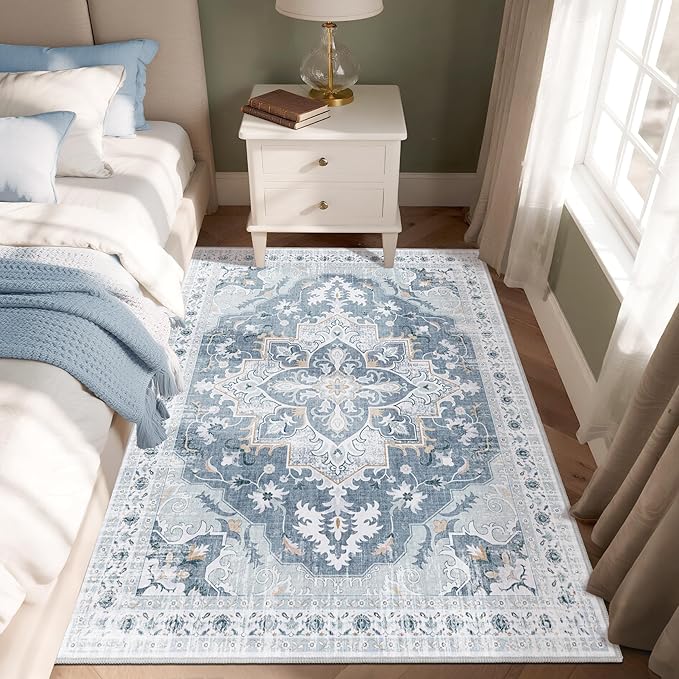 4x6 Washable Area Rug with Non-Slip Backing Low-Pile Soft Bohemian Distressed Boho Printed Rug for Living Room, Entryway, Bedroom, Home Office, Farmhouse- Blue/Gray