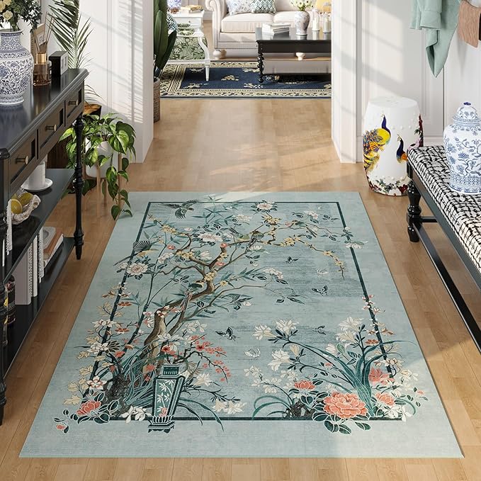 4x6 Rug Chinoiserie-Style Floral Vintage Washable Area Rugs Non Slip Low Pile Small Carpet for Bedroom, Bedside, Kids Room, Office, Dining Room, Blue