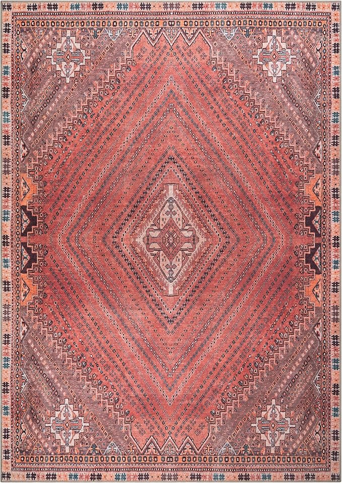 Bloom Rugs Washable Non-Slip 8' x 10' Rug - Red/Multicolor Traditional Bordered Area Rug for Living Room, Bedroom, Dining Room, and Kitchen - Exact Size: 8' x 10'