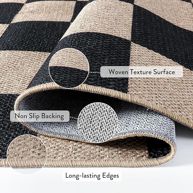 Lahome Checkered Easy Jute Carpet, 3x5 Outdoor Patio Rug Washable Rugs for Entryway Checkerboard Indoor Outdoor Living Room Classroom Carpet, Farmhouse Neutral Non Slip Black Door Mat for Bedroom
