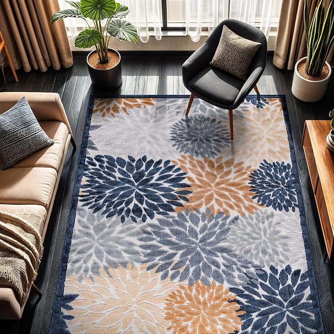 CAMILSON Indoor Outdoor Rug Multi Color 5x7 Floral Exotic Tropical Area Rugs for Indoor and Outdoor patios, Easy-Cleaning Non-Shedding Living Room, Garden and Kitchen Washable Outside Carpet (5 x 7)