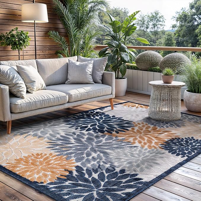CAMILSON Indoor Outdoor Rug, Multicolor 9?셹12??Floral Exotic Tropical Area Rugs for Indoor and Outdoor patios, Easy-Cleaning Non-Shedding Living Room, Garden and Kitchen Washable Outside Carpet (9x12)