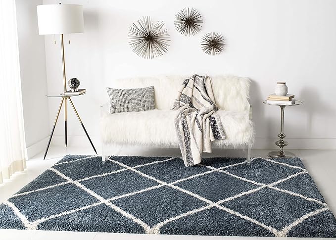 SAFAVIEH Hudson Shag Collection Area Rug - 8' x 10', Slate Blue & Ivory, Modern Trellis Design, Non-Shedding & Easy Care, 2-inch Thick Ideal for High Traffic Areas in Living Room, Bedroom (SGH281L)