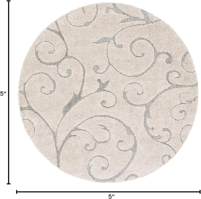 SAFAVIEH Florida Shag Collection Area Rug - 5' Round, Beige & Blue Grey, Scroll Design, Non-Shedding & Easy Care, 1.2-inch Thick Ideal for High Traffic Areas in Living Room, Bedroom (SG455-1155)