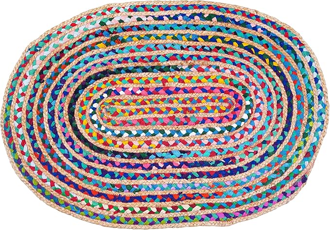 Craft Trade Hand Woven Jute Area Rug Multicolor Reversible Jute Area Rug Braided Farmhouse Living Room, Outdoor, Kitchen Bedroom Chindi Rug (2' x 3', Oval)