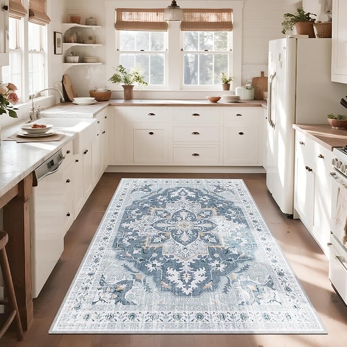 4x6 Washable Area Rug with Non-Slip Backing Low-Pile Soft Bohemian Distressed Boho Printed Rug for Living Room, Entryway, Bedroom, Home Office, Farmhouse- Blue/Gray