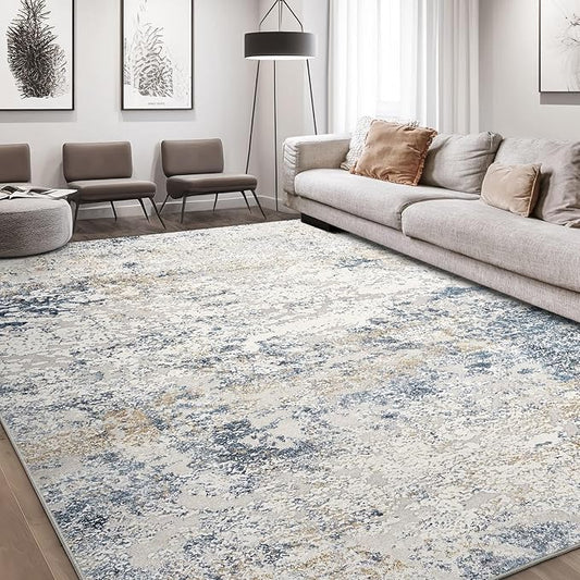 Area Rug Living Room Rugs - 10x12 Large Soft Indoor Neutral Modern Abstract Low Pile Washable Rug Carpet for Bedroom Dining Room Farmhouse Home Office - Beige Blue
