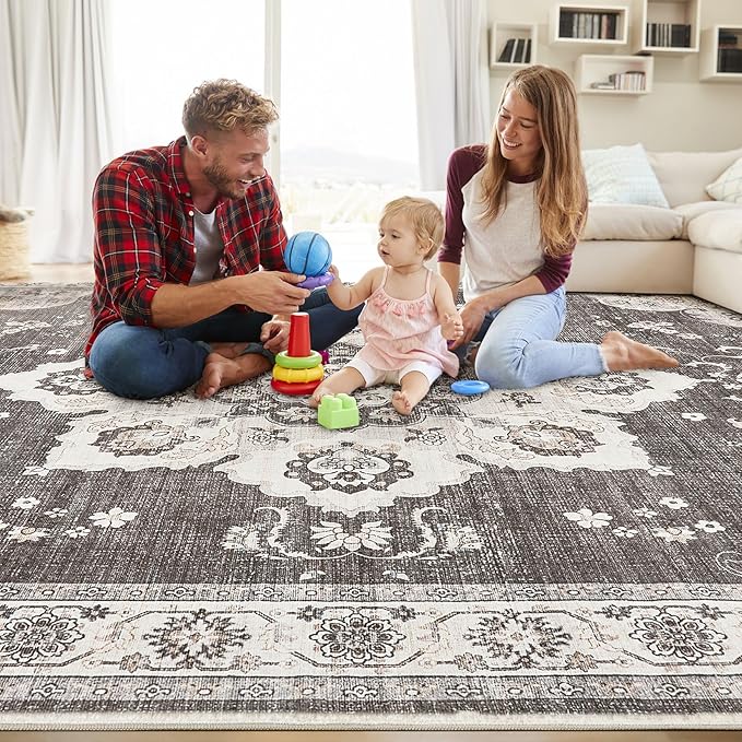 Area Rug for Living Room - 5x7 Soft Washable Oriental Vintage Floral Distressed Large Carpet - Fade Stain Resistant Non Slip Rugs for Bedroom Dining Room Nursery Dorm Office Home Decor - Brown/Grey