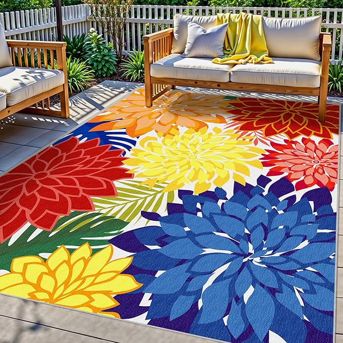 Indoor Outdoor Area Rug Washable Rugs Multicolored Patio Rug Tropical Botanical Modern Floral Indoor Outdoor Carpet Non Slip for RV, Pool Deck, Backyard, Porch (4x6)