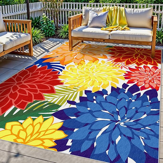 Indoor Outdoor Area Rug 8x10 Patio Washable Multicolored Patio Rug Tropical Botanical Modern Floral Indoor Outdoor Carpet Non-Slip for RV, Pool Deck, Backyard, Porch