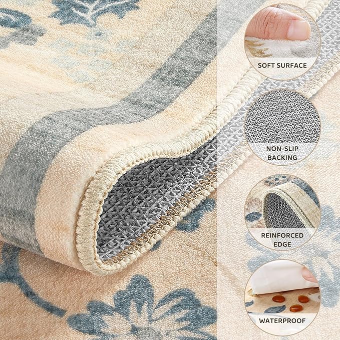 5x7 Area Rug Living Room Rugs Thickened - Washable Boho Vintage Floral Large Soft Non Slip Thin Rug Low Pile Carpet for Bedroom Dining Room Kids Playroom Office Decor Indoor- Multi Color