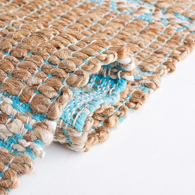 SAFAVIEH Natural Fiber Collection Area Rug - 9' x 12', Teal & Natural, Handmade Flat Weave Stripe Jute & Cotton Jute, Ideal for High Traffic Areas in Living Room, Bedroom (NFB655K)