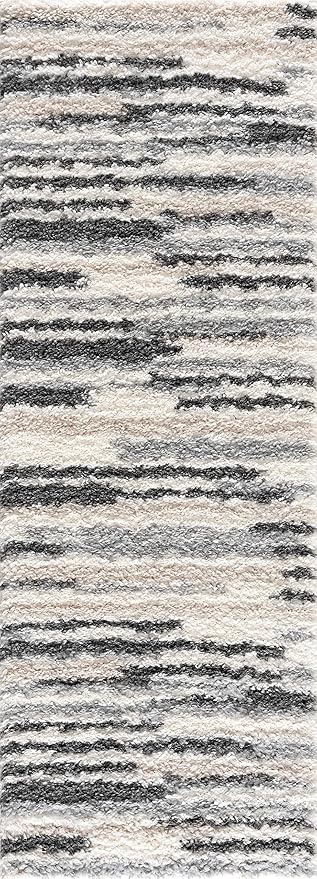 Hauteloom Lux Shag - Moroccan Farmhouse Living Room Shaggy Area Rug - Bohemian Shag Rug - Plush High Pile - Southwestern Boho Soft Carpet - Tribal Aztec - Grey, Off White, Beige - 5'3" x 7'3"