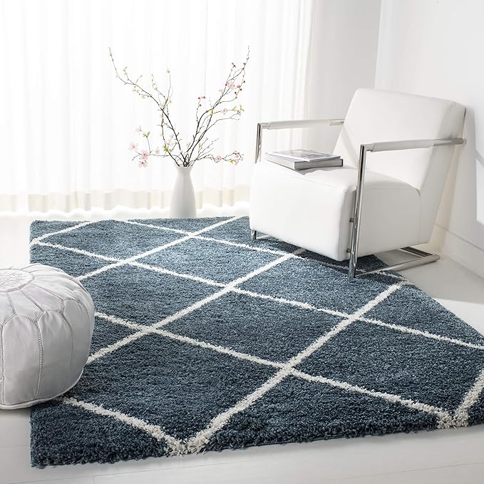 SAFAVIEH Hudson Shag Collection Area Rug - 8' x 10', Slate Blue & Ivory, Modern Trellis Design, Non-Shedding & Easy Care, 2-inch Thick Ideal for High Traffic Areas in Living Room, Bedroom (SGH281L)