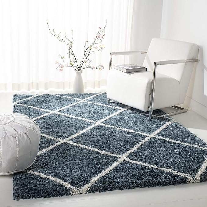 SAFAVIEH Hudson Shag Collection Area Rug - 9' x 12', Slate Blue & Ivory, Modern Trellis Design, Non-Shedding & Easy Care, 2-inch Thick Ideal for High Traffic Areas in Living Room, Bedroom (SGH281L)