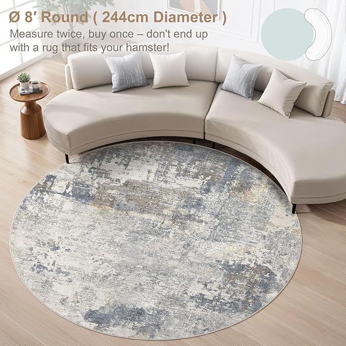 8ft Round Area Rug Living Room Rugs - 8x8 Washable Neutral Modern Abstract Soft Thin Rug Indoor Floor No Slip Rug Carpet for Bedroom Under Dining Table Home Office Decor - Blue Grey