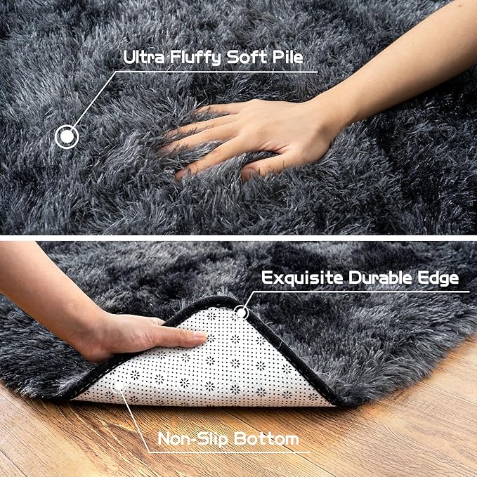 Fluffy Area Rug for Bedroom 4x6 Feet, Indoor Plush Carpet, Shag Soft Bedside Rug, Cute Comfy Furry Rug for Living Room Dorm Girls Boys Room Nursery Decor, Dark Grey