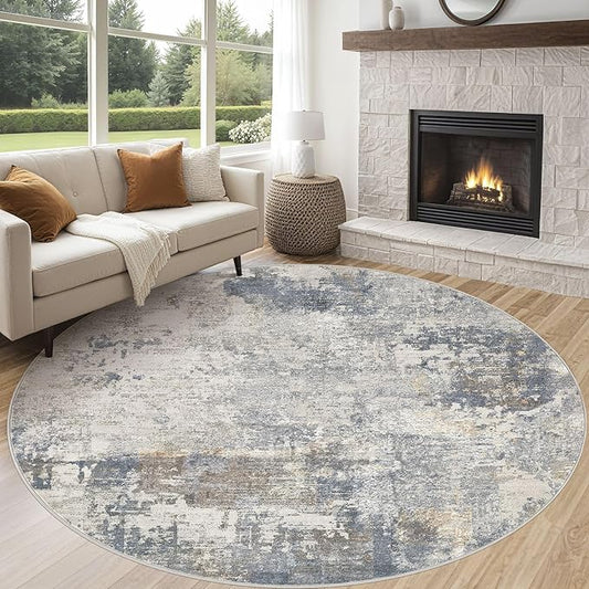 8ft Round Area Rug Living Room Rugs - 8x8 Washable Neutral Modern Abstract Soft Thin Rug Indoor Floor No Slip Rug Carpet for Bedroom Under Dining Table Home Office Decor - Blue Grey
