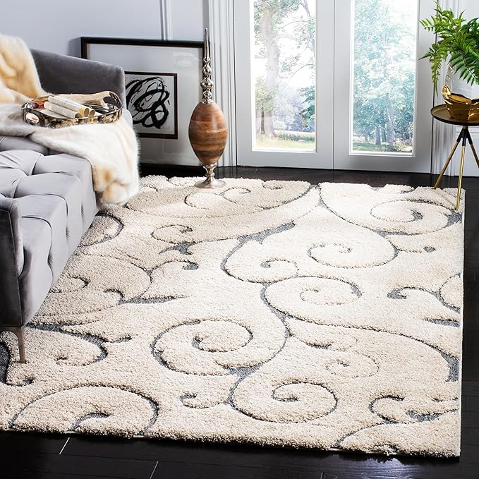 SAFAVIEH Florida Shag Collection Area Rug - 6' x 9', Beige & Blue Grey, Scroll Design, Non-Shedding & Easy Care, 1.2-inch Thick Ideal for High Traffic Areas in Living Room, Bedroom (SG455-1155)