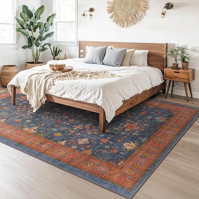 6x9 Dining Room Rugs for Under Table - Washable Area Rug for Living Room, Low Pile Non-Slip Rugs for Bedroom - Navy Blue & Terracotta Vintage Boho Eclectic Home Decor