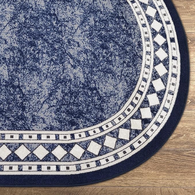 Antep Rugs Alfombras Modern Bordered 2x5 Non-Skid (Non-Slip) Low Profile Pile Rubber Backing Kitchen Area Rugs (Navy Blue, 2' x 5' Oval)