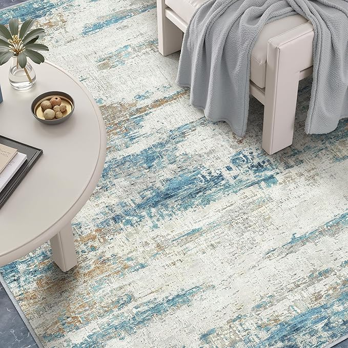3x5 Area Rug Entrance Office Washable Abstract Neutral Modern Small Blue Gray Kitchen Carpet Entry Non Slip Low Pile Soft Thin Indoor Door Mat Throw Rug Entryway Dorm Bathroom Bedroom