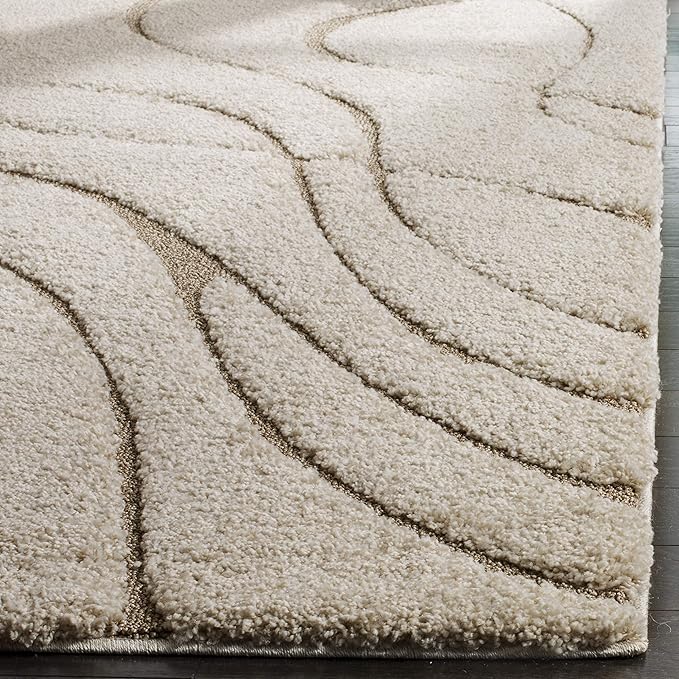 SAFAVIEH Florida Shag Collection 9' Round Cream/Beige SG471 Abstract Wave Non-Shedding Living Room Bedroom Dining Room Entryway Plush 1.2-inch Thick Area Rug