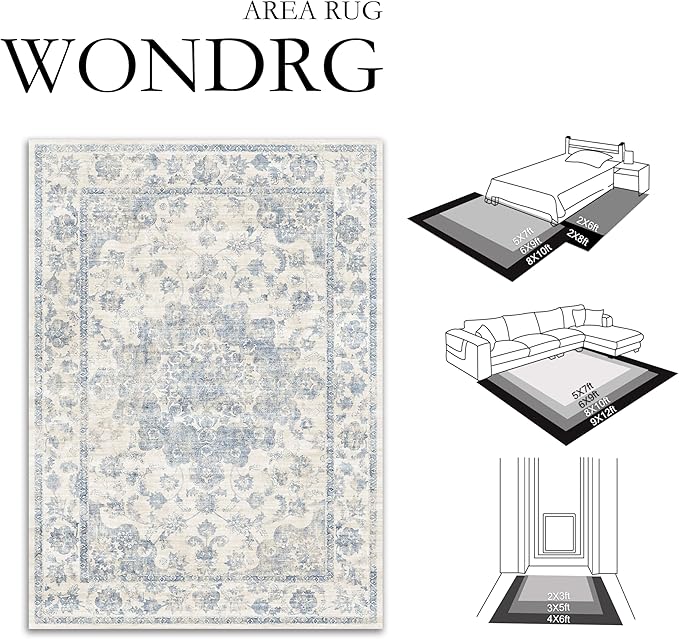 3x4 Washable Neutral Area Rug Blue Entryway Non-Slip Low Pile Floral Door Mat Vintage Lightweight Vacuumable Carpet Soft Thin Small Throw Rug for Bathroom Indoor