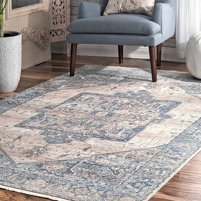 nuLOOM Harriet Vintage Medallion Fringe Area Rug - 7x9 Area Rug Traditional Light Blue/Multicolor Rugs for Living Room Bedroom Dining Room Kitchen