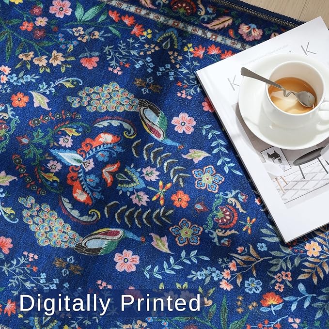 8x10 Area Rugs for Living Room Washable Rug Floral Non-Slip Large Rug for Living Room, Bedroom, Farmhouse, Dining Room, Kids Playroom(Blue)