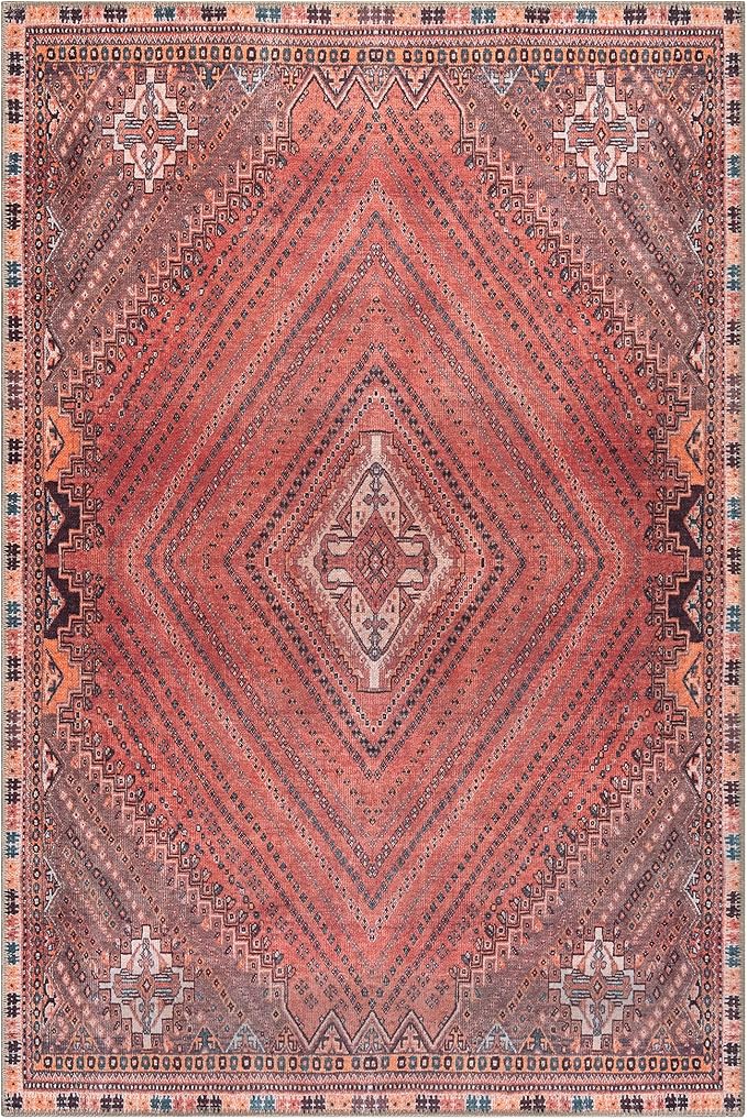 Bloom Rugs Washable Non-Slip 3' x 5' Rug - Red/Multicolor Traditional Bordered Area Rug for Living Room, Bedroom, Dining Room, and Kitchen - Exact Size: 3' x 5'