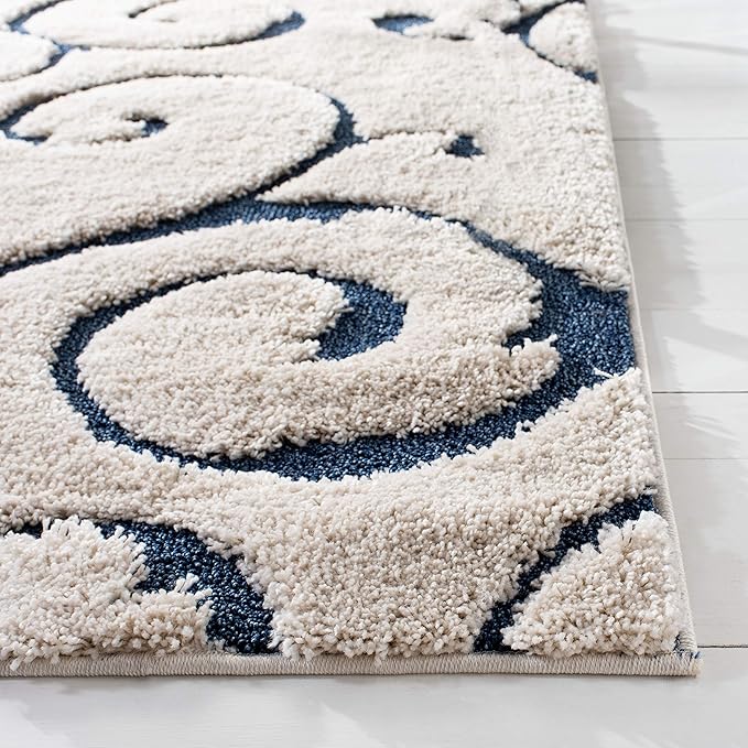 SAFAVIEH Florida Shag Collection Area Rug - 10' Square, Cream & Blue, Scroll Design, Non-Shedding & Easy Care, 1.2-inch Thick Ideal for High Traffic Areas in Living Room, Bedroom (SG455-1165)
