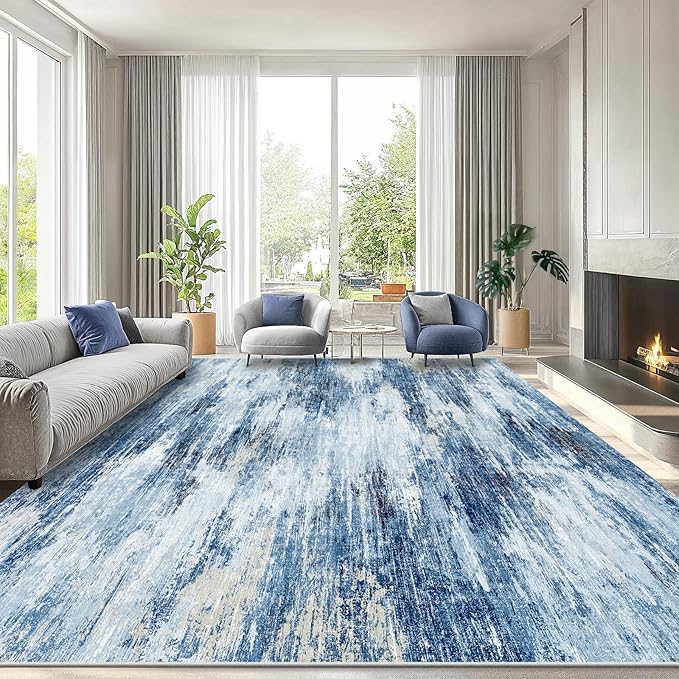 AMADA HOMEFURNISHING 9x12 Large Area Rug, Modern Abstract Living Room Rug with Non-Slip Backing & Short Pile, Washable Rug with Abstract Pattern for Living Room, Bedroom and Dinning Room, Blue