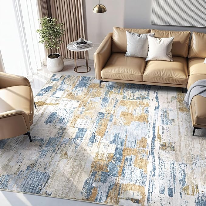 Abstract Living Room Rug 10x14 - Modern Washable Soft Thin Area Rug for Living Room Bedroom Under Dining Table - Neutral Indoor Floor Rug Carpets for Home Office Playroom Nursery - Blue Gold