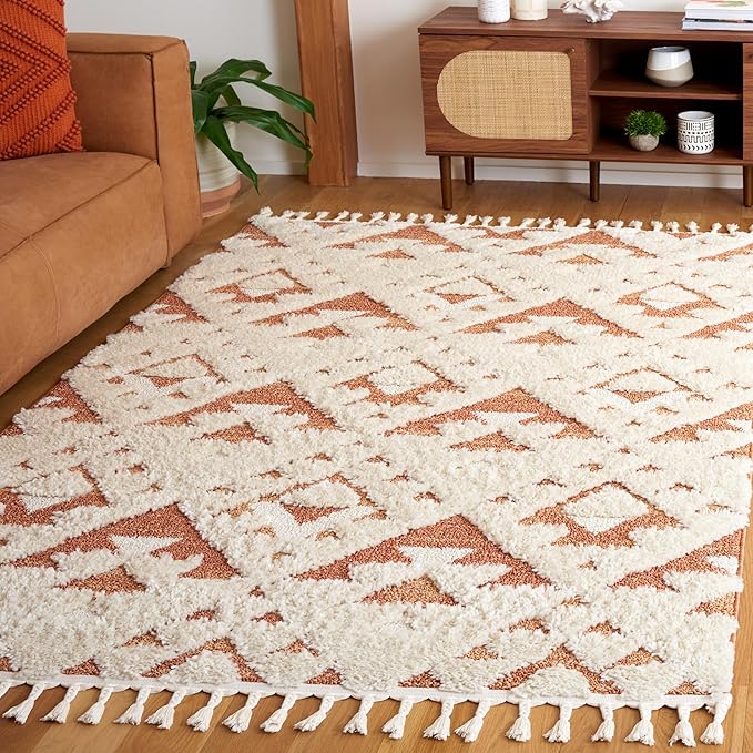 Safavieh Moroccan Tassel Shag Collection Area Rug - 3' x 5', Ivory & Brick Rust, Plush 2-inch Thick, Ideal for High Traffic Areas in Living Room, Bedroom, Dining Room (MTS688P-3)