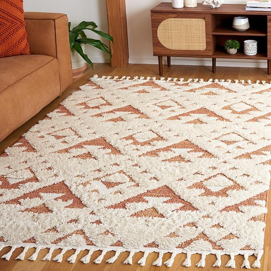 Safavieh Moroccan Tassel Shag Collection Area Rug - 3' x 5', Ivory & Brick Rust, Plush 2-inch Thick, Ideal for High Traffic Areas in Living Room, Bedroom, Dining Room (MTS688P-3)