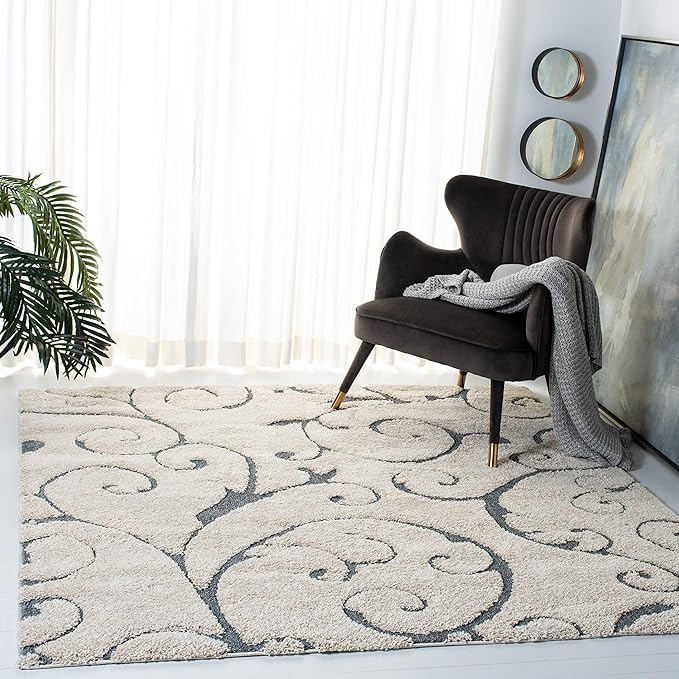 SAFAVIEH Florida Shag Collection Area Rug - 9' Square, Beige & Blue Grey, Scroll Design, Non-Shedding & Easy Care, 1.2-inch Thick Ideal for High Traffic Areas in Living Room, Bedroom (SG455-1155)