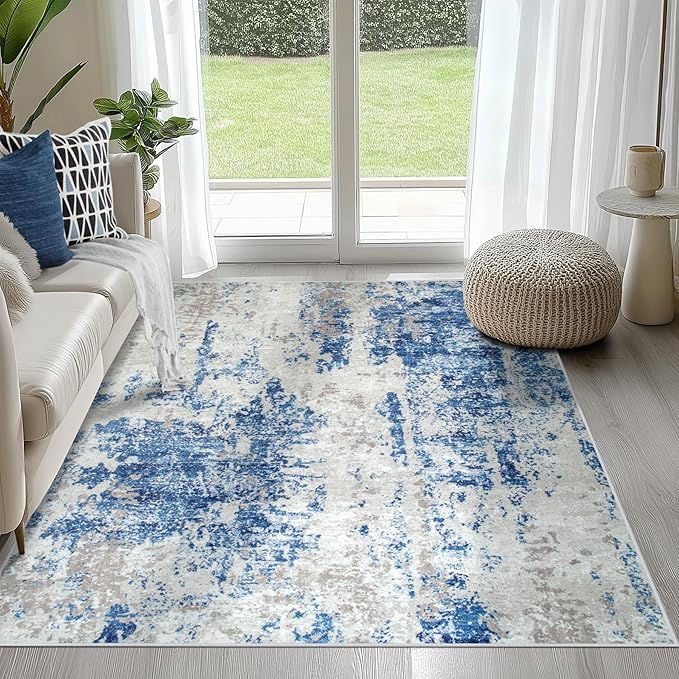 4x6 Area Rugs for Living Room Rug Washable: Abstract Rug for Dining Room Bedroom Carpet Non Slip 4 by 6 Indoor Modern Nursery Home Office Blue Grey White