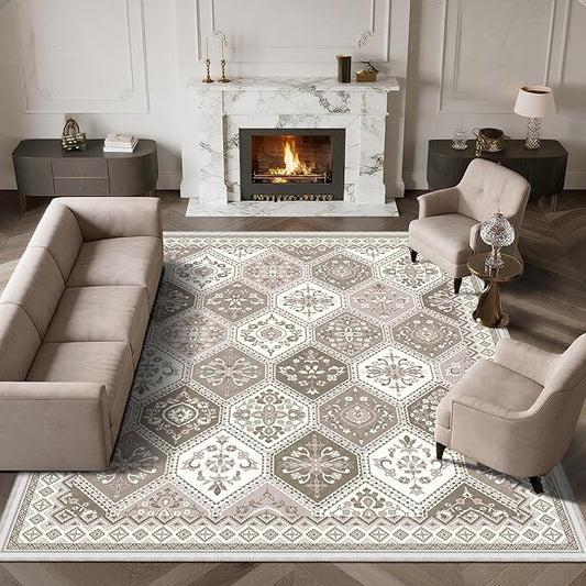 8x10 Washable Area Rug Non-Slip Low-Pile Moroccan Soft Printed Rug for Living Room Dining Room Bedroom Nursery Farmhouse- Blush/Pink/Beige