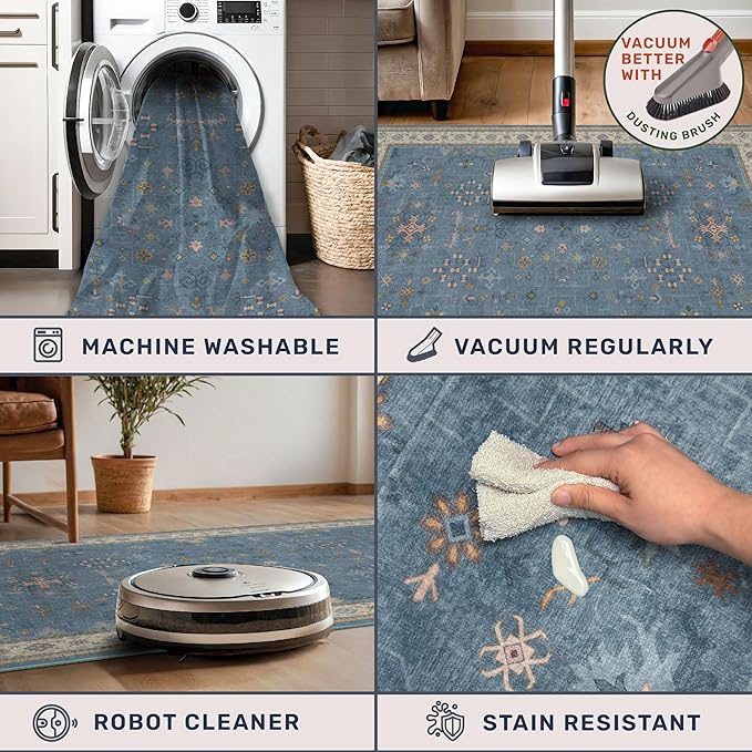 5x8 Rug for Living Room, Boho Eclectic Area Rugs Blue Modern Low-Pile Carpet for Bedroom, Dining Table, Nursery, Washable Non-Slip with Rubber Back