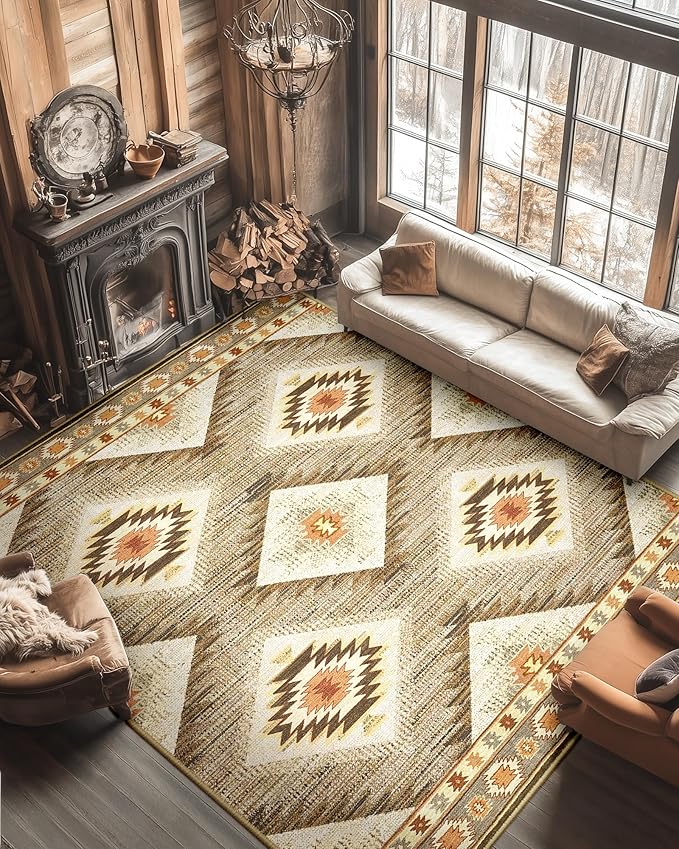 Area Rug 9x12 Rug Machine Washable Non-Slip Low Pile Print Pattern Western Rug for Living Room Bedroom Entryway Tribal Series -Cream/Camel