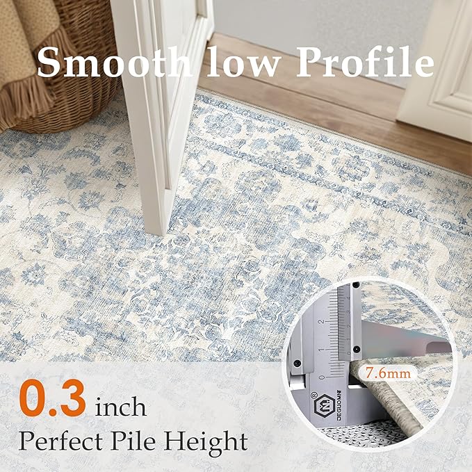 5x7 Washable Neutral Area Rug Blue Floral Living Room Bedroom Carpet Non-Slip Low Pile Vintage Lightweight Vacuumable Soft Throw Rug for Dining Room Entryway Office Kitchen