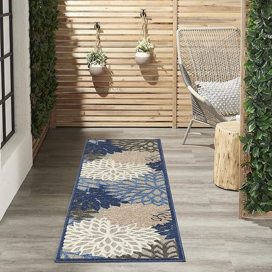 Nourison Aloha Indoor/Outdoor Blue/Multicolor 2'3" x 8' Area Rug, Tropical, Botanical, Easy Cleaning, Non Shedding, Bed Room, Living Room, Dining Room, Deck, Backyard, Patio (2x8)