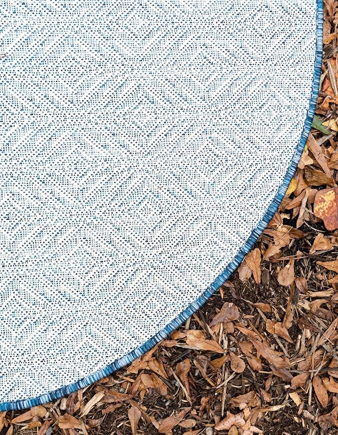 Unique Loom Outdoor Trellis Collection Area Rug - Deco Trellis (4' 1" Round, Blue/ Ivory)