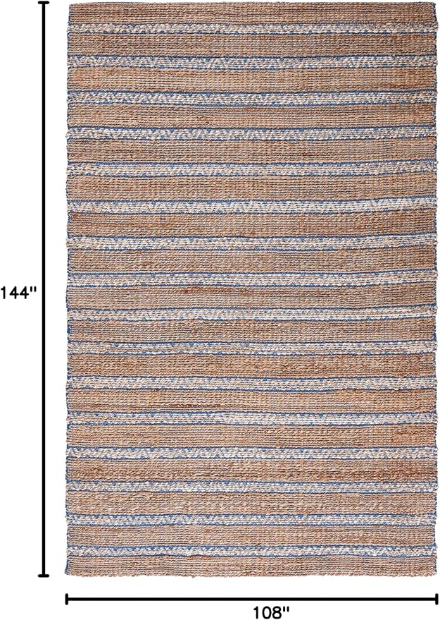 SAFAVIEH Natural Fiber Collection Area Rug - 9' x 12', Blue & Natural, Handmade Flat Weave Stripe Jute & Cotton Jute, Ideal for High Traffic Areas in Living Room, Bedroom (NFB655M)