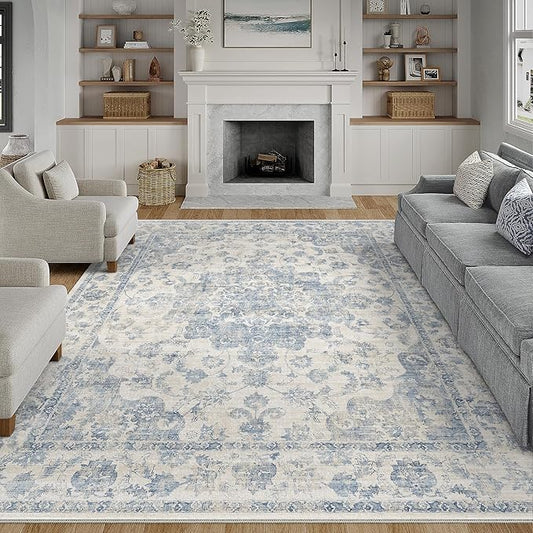 9x12 Neutral Area Rug Blue Floral Living Room Bedroom Large Carpet Low Pile Vintage Lightweight Vacuumable Non-Slip Soft Washable Throw Rug for Dining Room Office Indoor