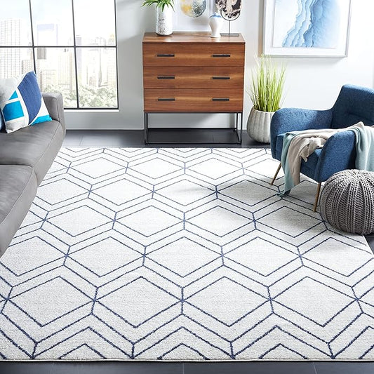 SAFAVIEH Adirondack Collection Area Rug - 8' Square, Light Grey & Navy, Modern Geometric Design, Non-Shedding & Easy Care, Ideal for High Traffic Areas in Living Room, Bedroom (ADR241N)