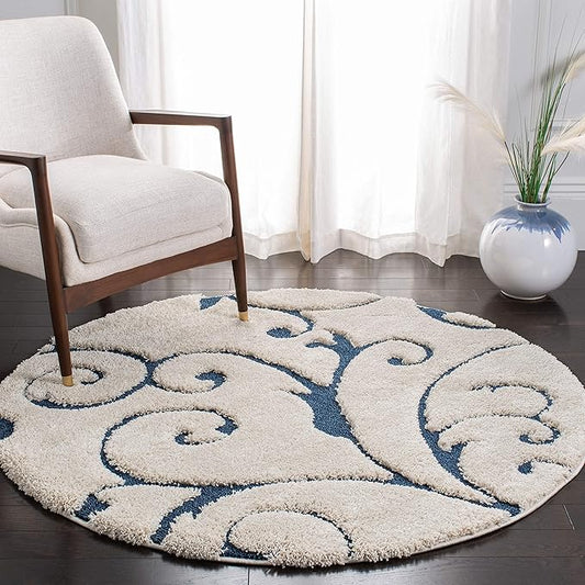 SAFAVIEH Florida Shag Collection 10' Round Cream/Blue SG455 Scrolling Vine Graceful Swirl Textured Non-Shedding Living Room Bedroom Dining Room Entryway Plush 1.2-inch Thick Area Rug